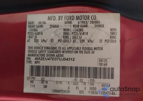 2007 Mercury Mountaineer Luxury из США, поврежденный, VIN 4M2EU47E07UJ04312